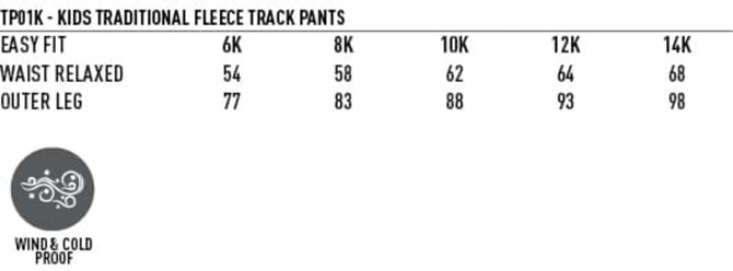 A pair of kids' fleecy track pants in various sizes, featuring zip cuffs and knee padding. They are wind and cold proof.
