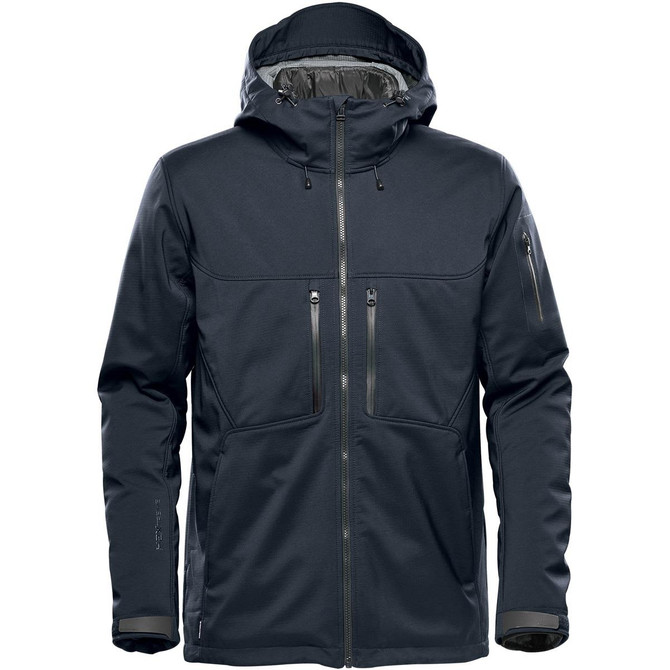 A dark grey jacket with a hood, featuring multiple zip pockets and a modern design. It has a logo on one sleeve.