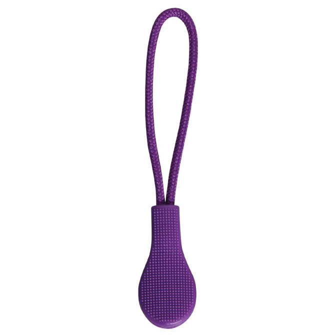 A purple zip puller with a textured grip and a looped cord for ease of use.