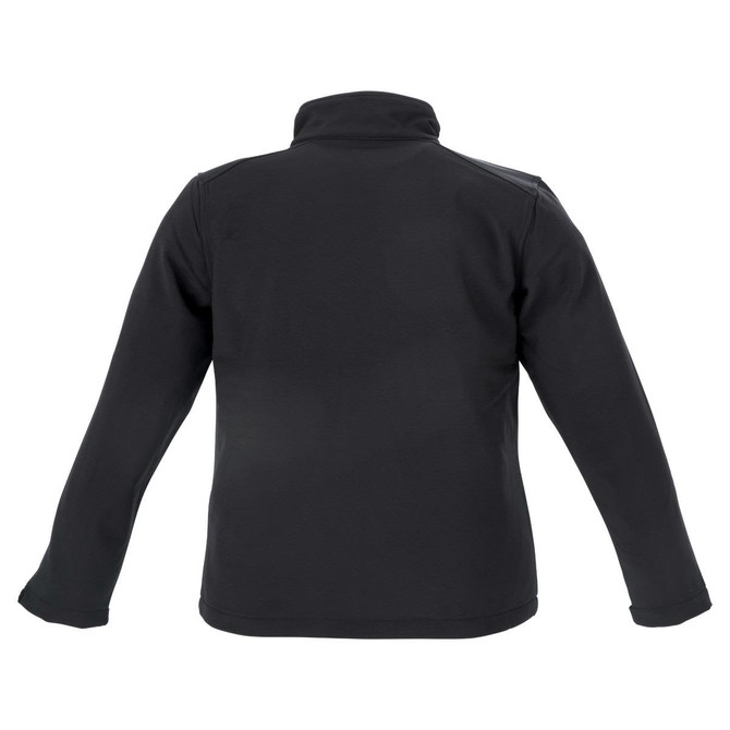 A black softshell women's jacket featuring a high collar and long sleeves, with a logo on the back.