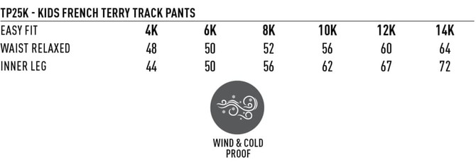 A pair of kids' poly/cotton terry sweat pants in assorted sizes, featuring a relaxed waist and inner leg measurements.