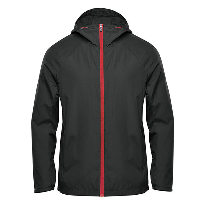 Men's Pacifica Wind Jacket in dark green with a red zipper and hood, featuring a logo on the front.