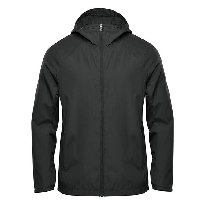 A dark green wind jacket with a hood, featuring a zip front and an attached logo.