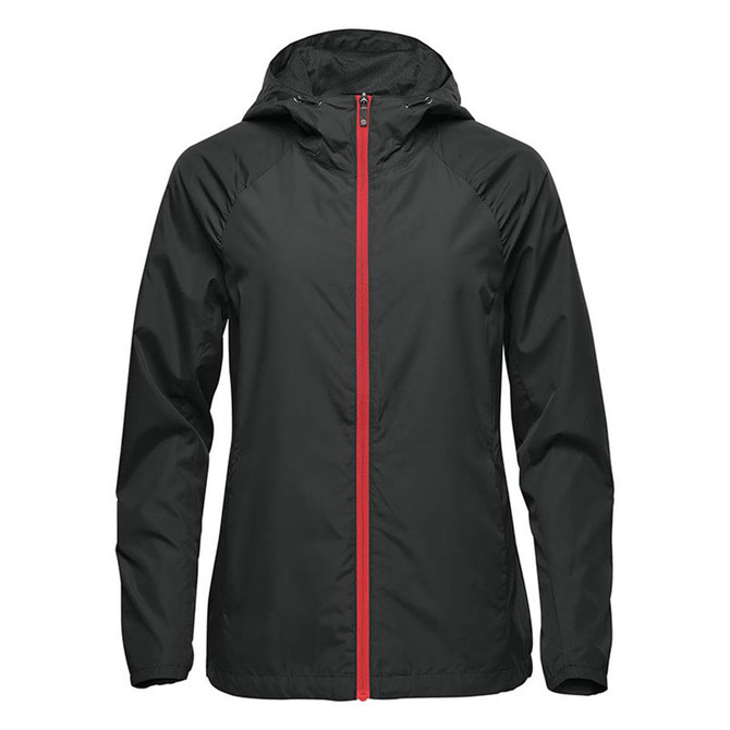 A women's wind jacket in dark green with a red zipper, featuring a hood and an unadorned branding logo.