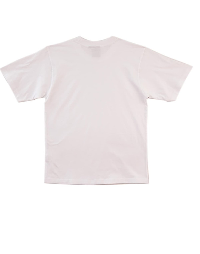 A white kids' t-shirt featuring short sleeves and a plain back. The shirt includes a logo on the label.