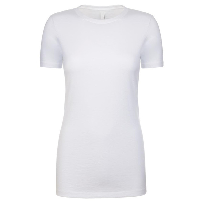 A white women's crew neck t-shirt with short sleeves and a fitted design. It features a simple logo.