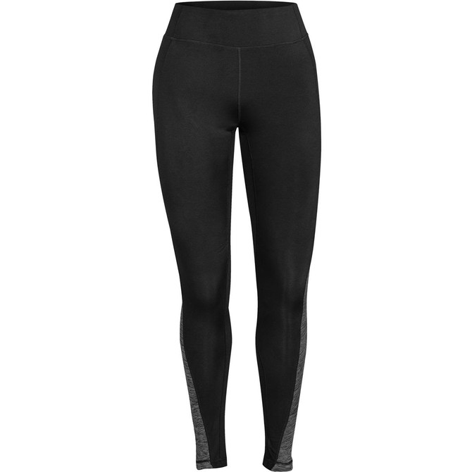 A pair of women's black yoga pants with a fitted design and mesh detailing on the sides.