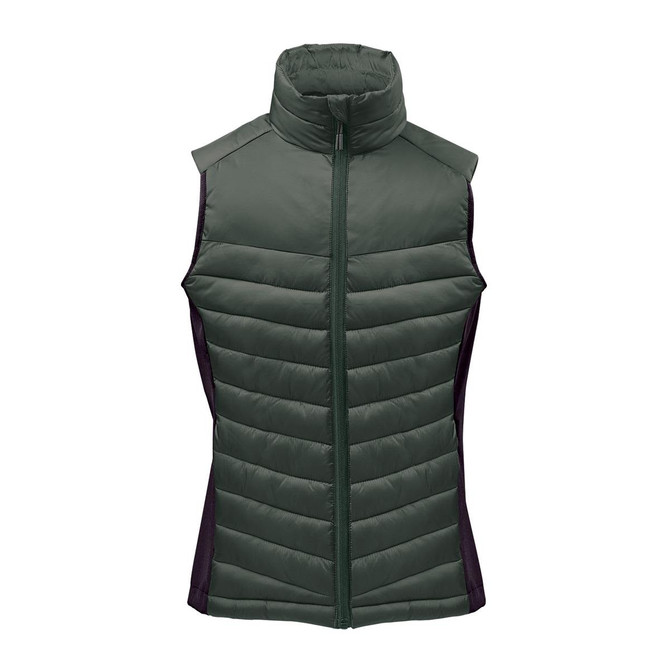 A green women's thermal vest with a high collar and padded design, featuring black side panels and a front zipper.