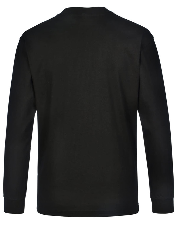 A black long-sleeve men's cotton crew neck t-shirt with a simple, unembellished back design and a logo present.
