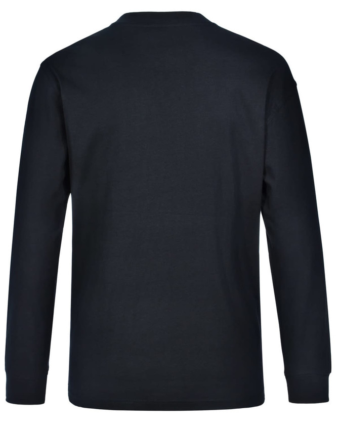 A long-sleeve men's cotton crew neck tee in black, featuring a plain back with a logo.