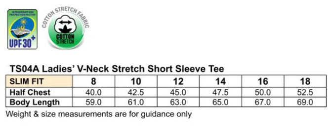 A chart displaying sizes and measurements for a Ladies' V-Neck Stretch Short Sleeve Tee in various sizes.