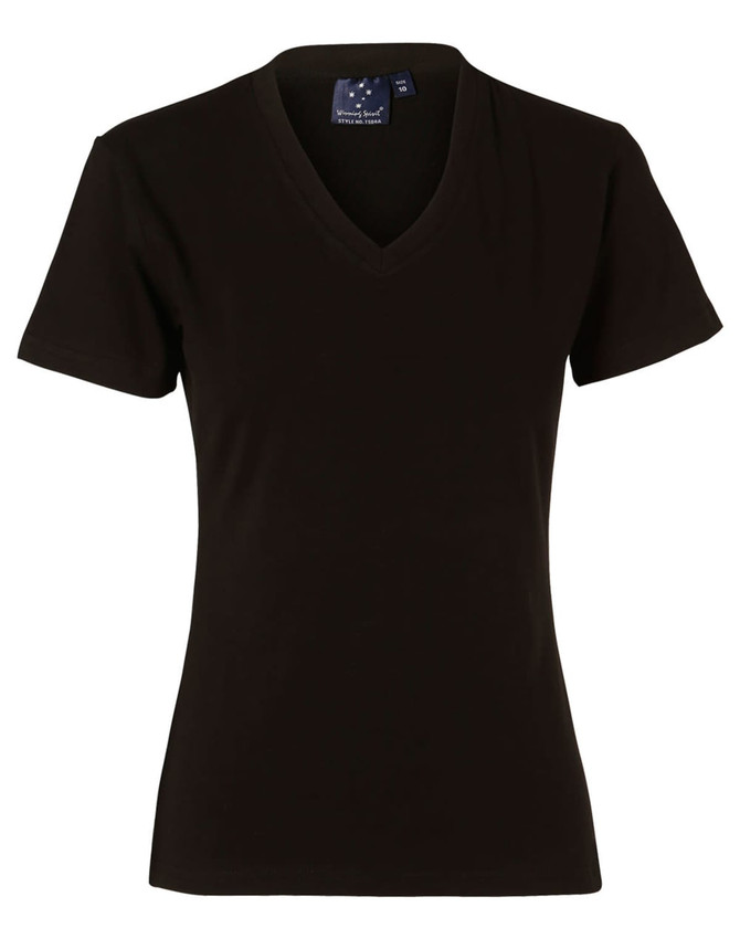 A black ladies' v-neck short sleeve tee with a fitted style and a label tag inside.