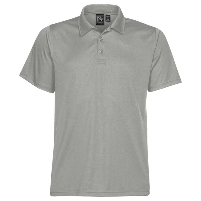 A light grey men's polo shirt with a collar, short sleeves, and a logo on the tag.