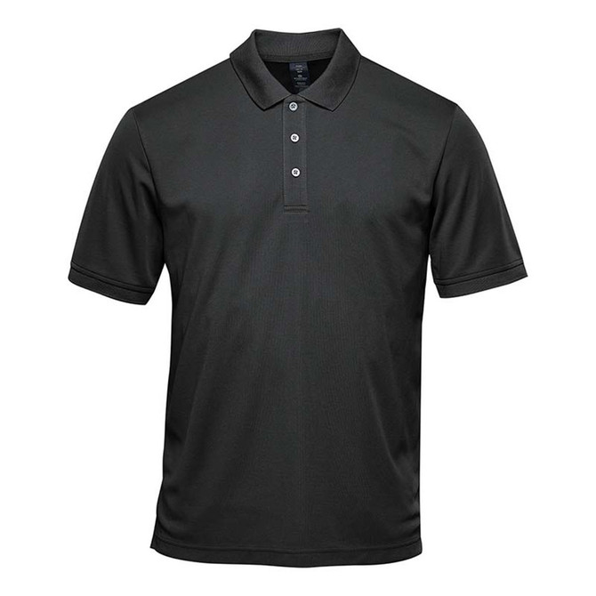 A black Men's Sirocco Sports Polo featuring a classic collar and three-button placket. Includes a logo.