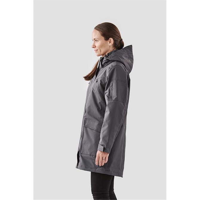 A women's grey jacket with a hood, featuring a sleek design and pockets, set against a light background.