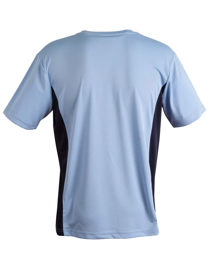 A short sleeve tee in light blue with navy contrast panels. Features a logo on the design.