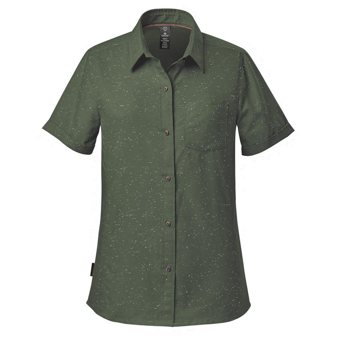 A green short-sleeved button-up shirt with a front pocket and a logo on the label.