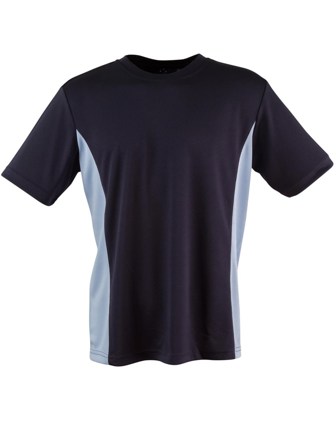 A kids' short-sleeve T-shirt in navy blue with light blue contrast panels, featuring a logo.