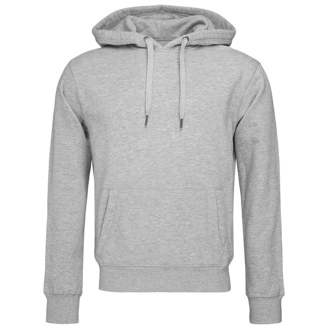 A grey men's active sweat hoody featuring a front pocket and a drawstring hood. It includes a logo on the design.