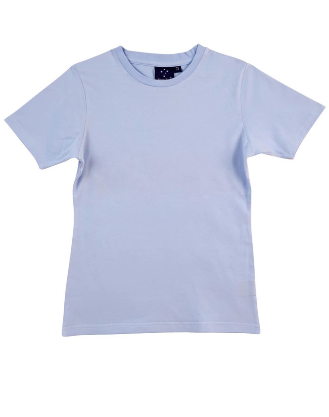 A light blue ladies' fitted stretch tee with a round neck and short sleeves, featuring a logo.