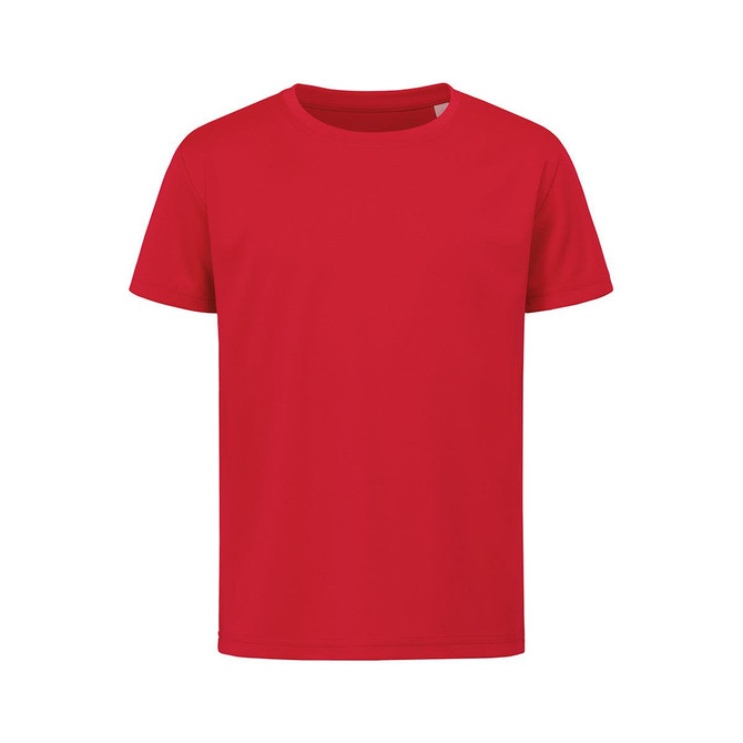 A bright red kids' T-shirt featuring a simple design and a logo on the front. Suitable for sports activities.