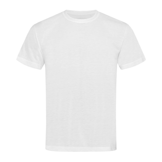 A plain white t-shirt with a crew neck and short sleeves, featuring a logo on the front.