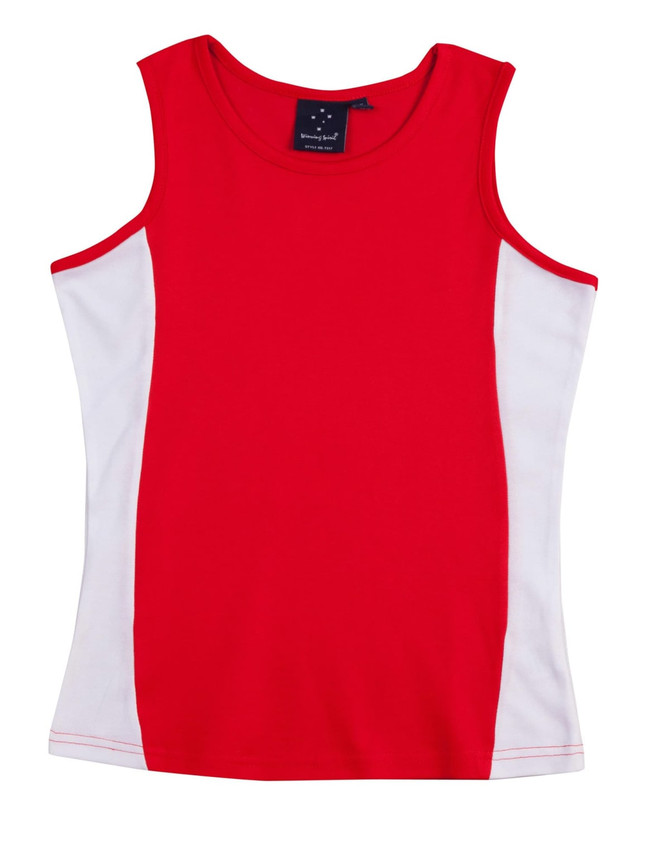 A red singlet with white side panels, featuring a branding logo on the label.