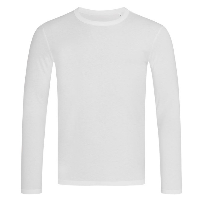A white long-sleeve t-shirt with a round neck and a small logo on the neckline.
