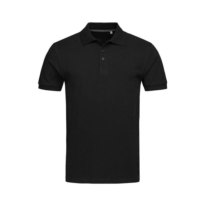 A black men's premium cotton polo shirt with a collar and short sleeves, featuring a logo on the chest.