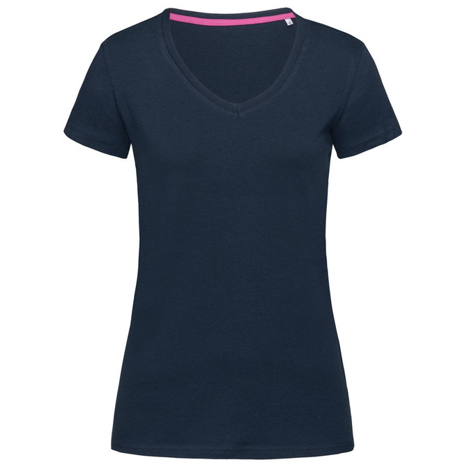 A women's navy V-neck T-shirt featuring a fitted style and a contrasting pink neckline. It has a logo.