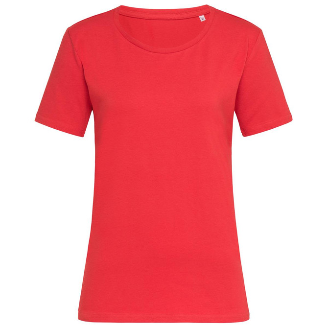 A red women's crew neck t-shirt with short sleeves and a fitted shape, featuring a small logo.
