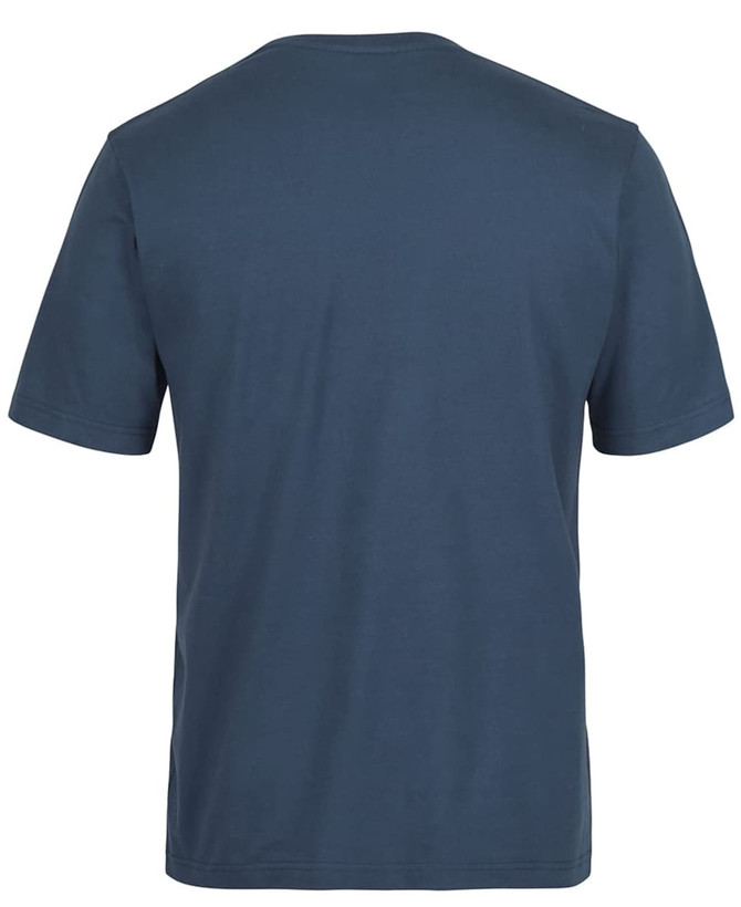 A navy blue T-shirt with short sleeves and a plain back, featuring a logo on the front.