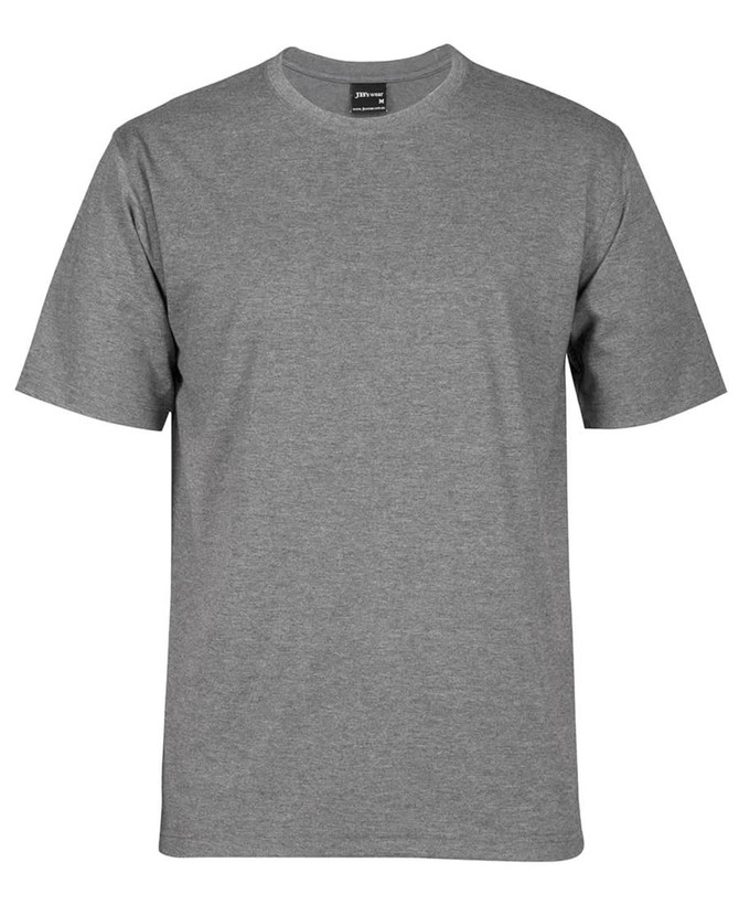 A grey T-shirt with short sleeves and a round neck, featuring a logo on the label.