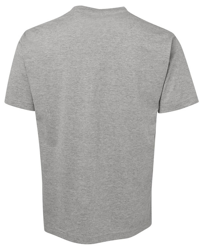 A grey T-shirt with a plain back, featuring a logo or branding.
