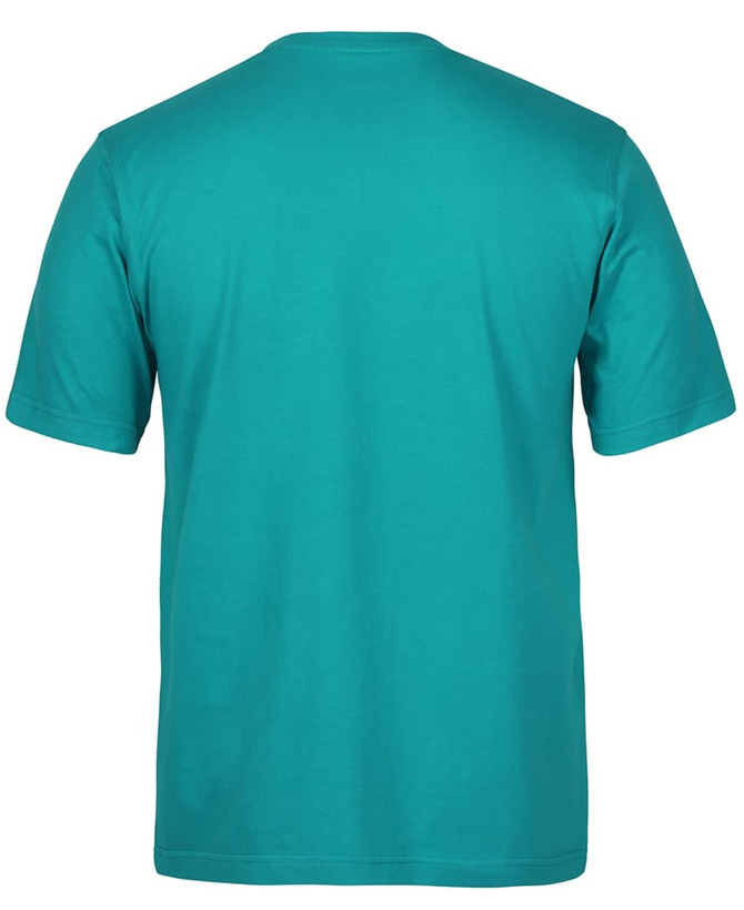 A plain teal t-shirt with a round neck and short sleeves, featuring a logo on the back.