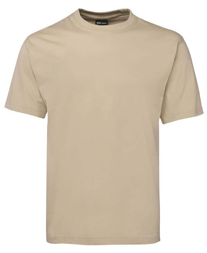 A beige T-shirt with a round neckline and short sleeves, featuring a branded label.