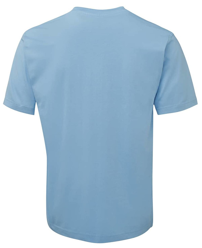 A light blue T-shirt with short sleeves and a plain back. The shirt features a logo.