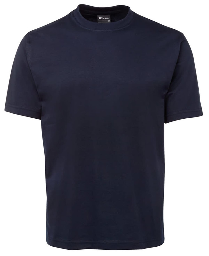 A navy blue T-shirt with a round neckline and short sleeves, featuring a branding logo.