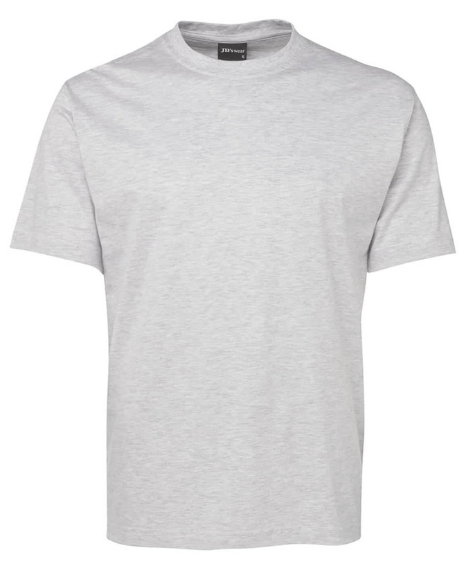 A light grey T-shirt with a round neckline and short sleeves. It features a logo on the collar.