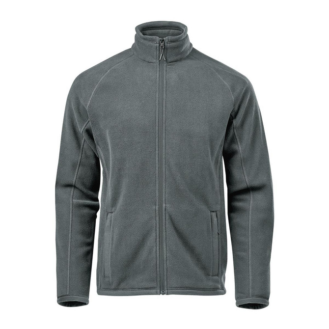 A men's fleece jacket in grey, featuring a high collar and zip front, with side pockets and branding.