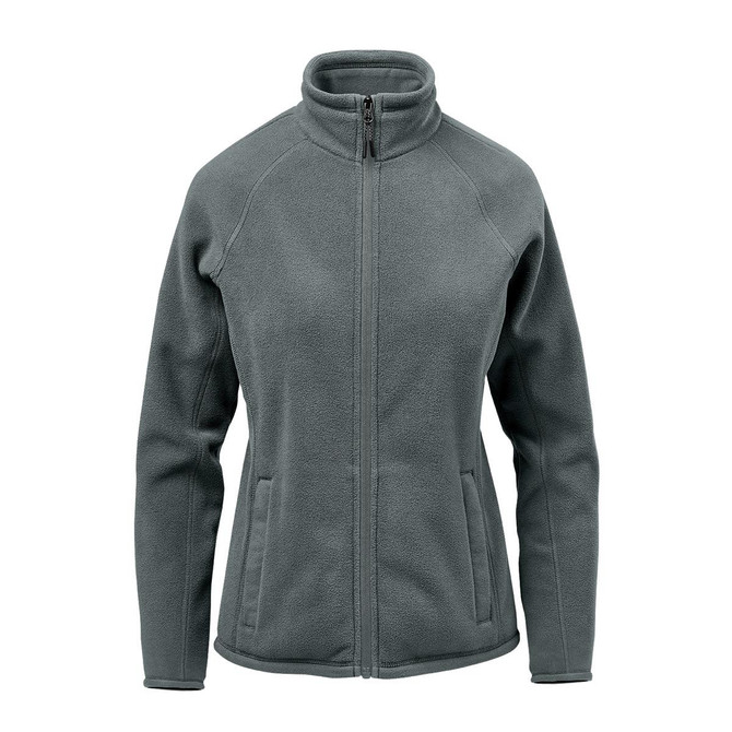 A green women's fleece jacket featuring a high collar and zip front, with side pockets and a logo.