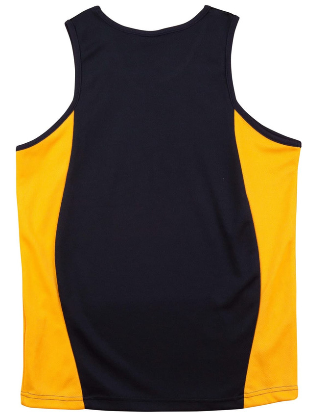 A men's singlet featuring a navy body with vibrant yellow contrast panels and a branded logo.