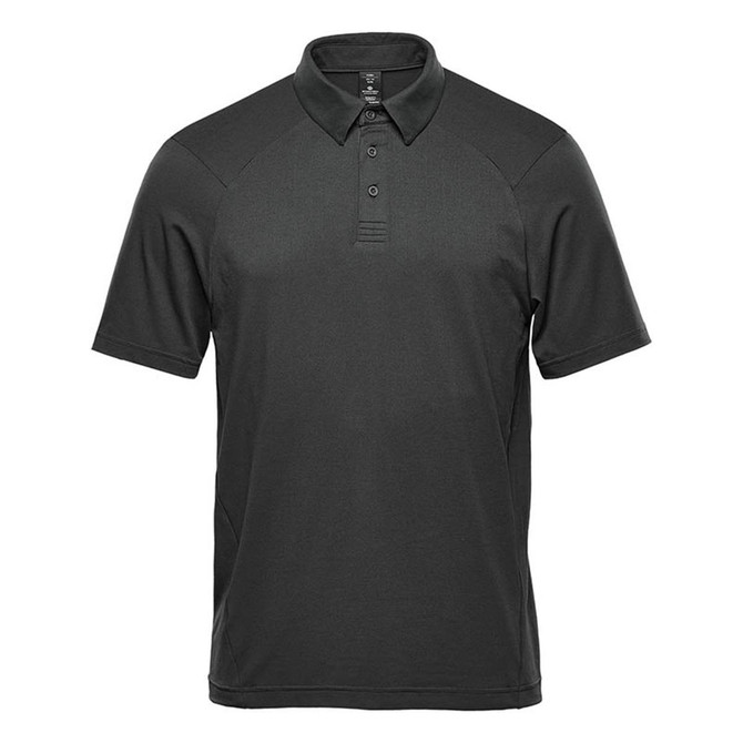 A black men's polo shirt with short sleeves and a collar, featuring a logo on the chest.