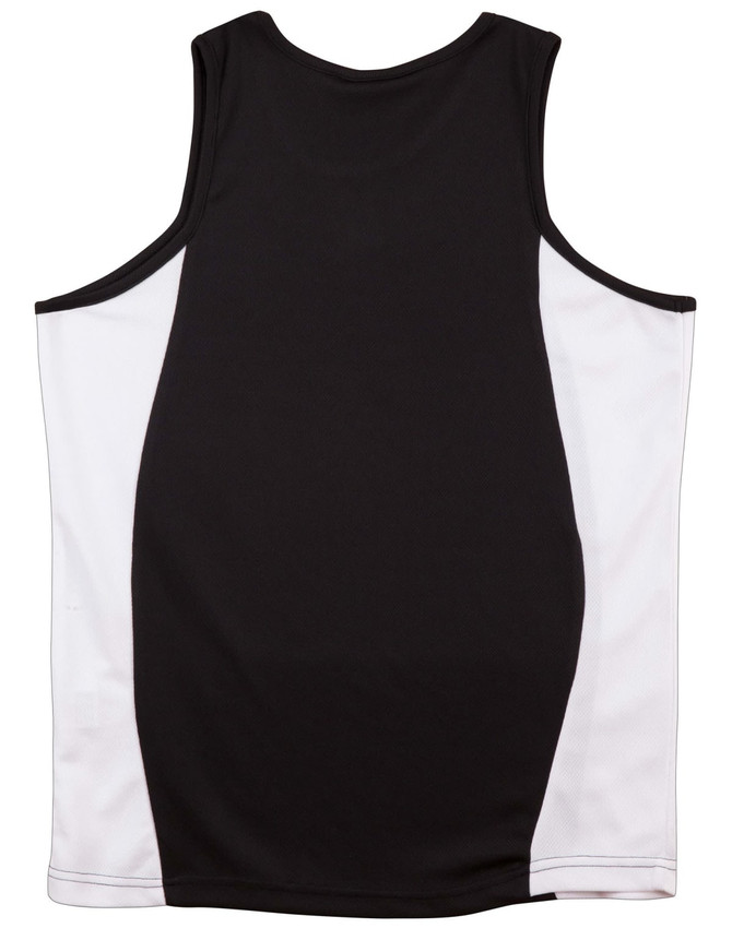 A black and white kid's singlet featuring a contrast mesh design and a branding logo.