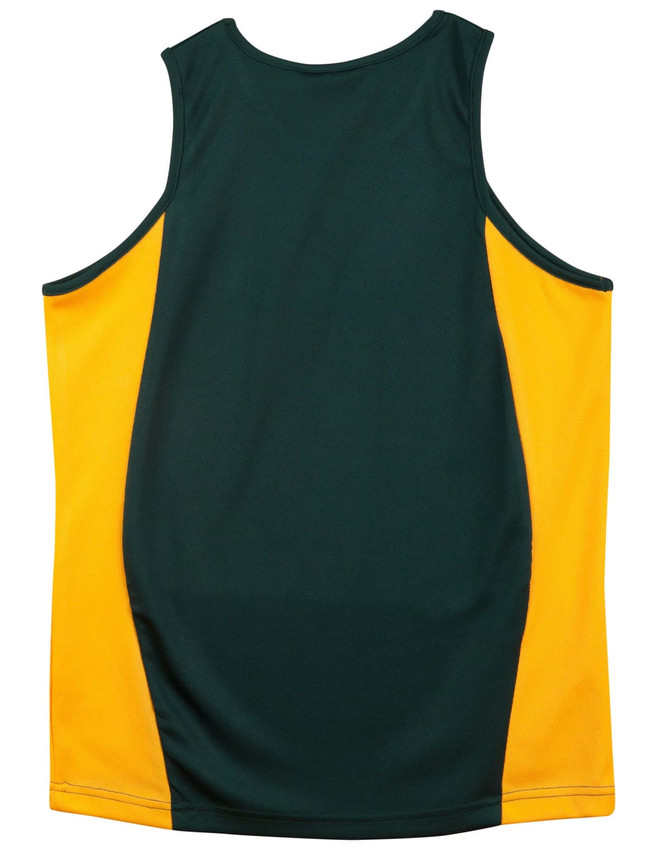 A green and yellow kid's singlet featuring contrast mesh panels and a logo.