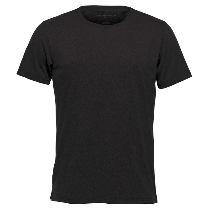 A black crew neck t-shirt featuring short sleeves and a subtle logo. Ideal for casual wear.