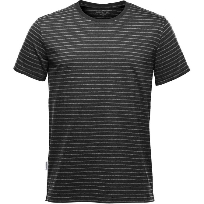 A black and grey striped crew neck tee, featuring short sleeves and a logo on the side.
