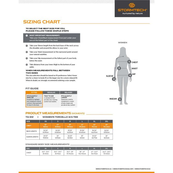 A sizing chart for the Women's Torcello 3/4 Tee, detailing measurements for fit and sizing options. Features a clean layout with logo.