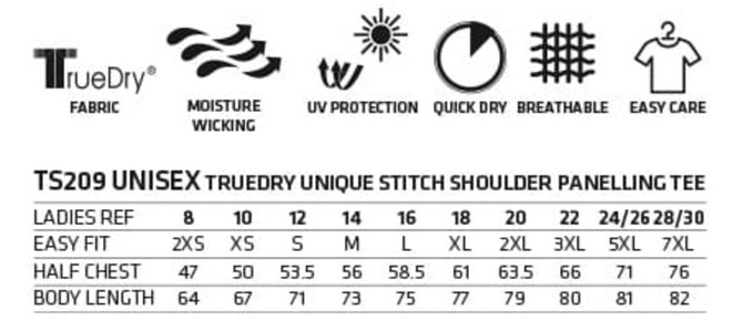 A product detail chart for the AIWX Workwear S/S Tee, featuring unisex sizing and specifications in black and white.