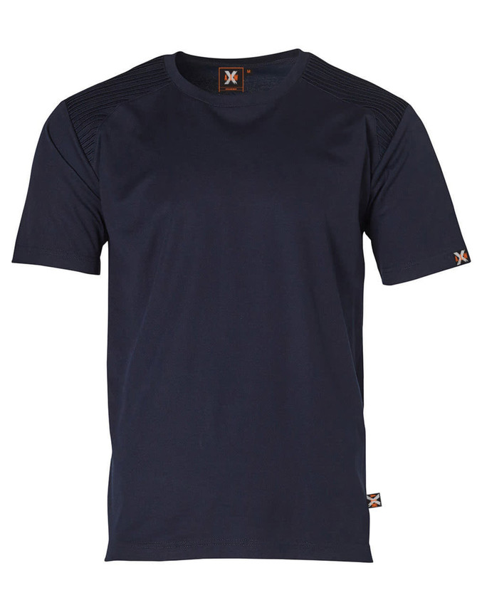A dark navy short-sleeved work T-shirt with textured shoulder details and a logo.